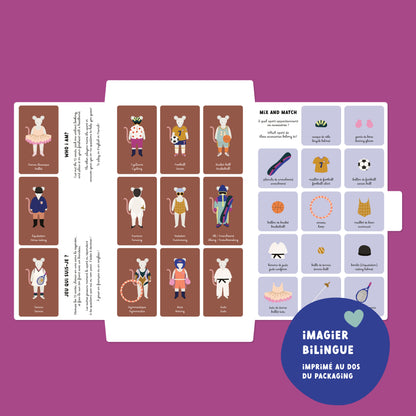 Imagier bilingue français-anglais du jeu magnétique Les Sports, 12 sports illustrés