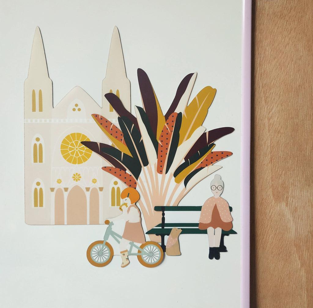 Magnet aimant jeu éducatif magnétique Bordeaux Fabrikabordeaux bicyclette mamie cathédrale Saint André banc public