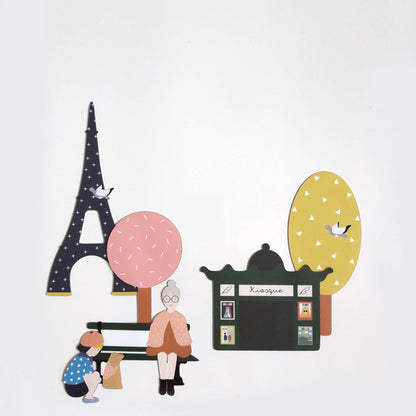 Magnet aimant jeu éducatif magnétique guimard Fabrikaparis pioupiourico eiffel tour paris kiosque banc public colori