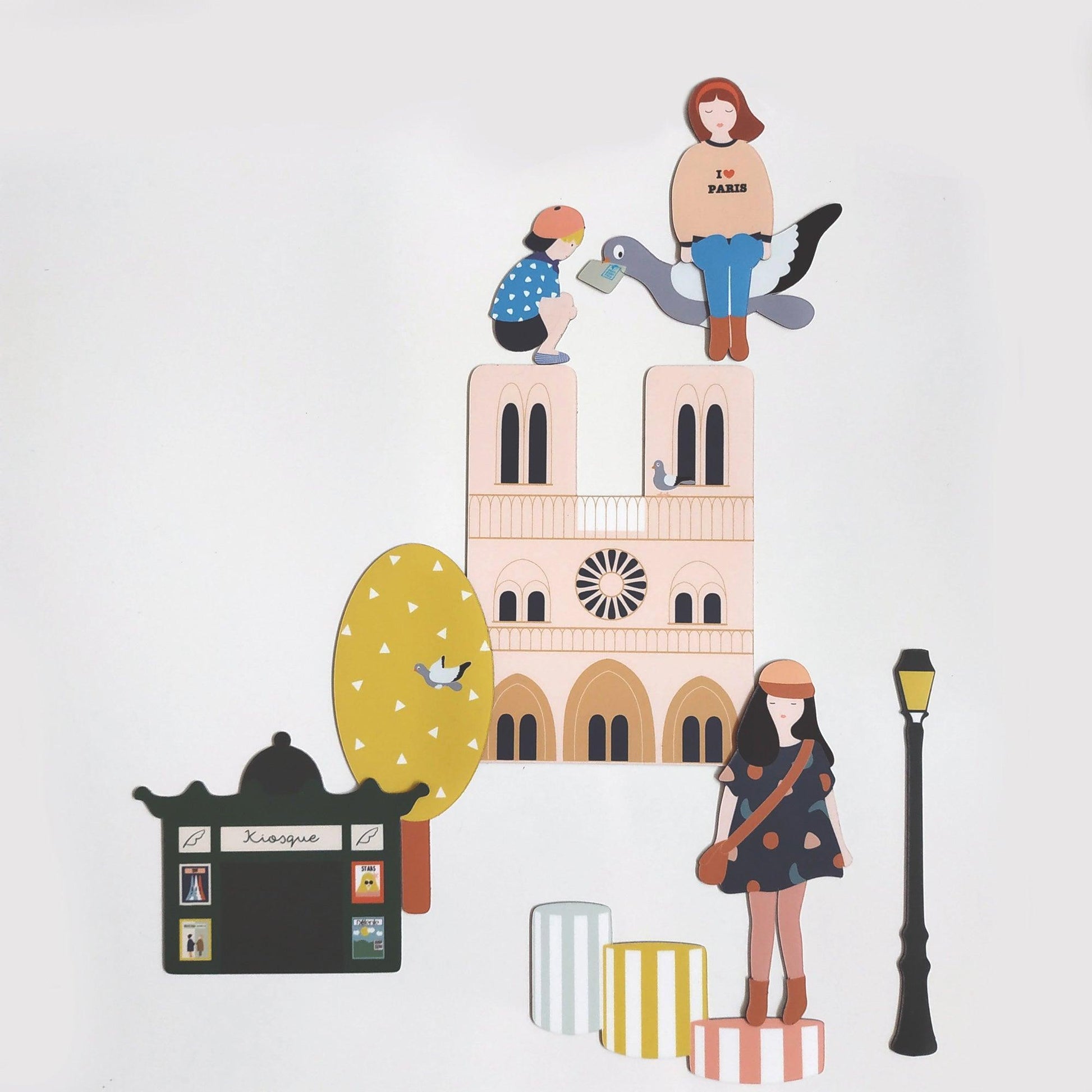 Magnet aimant jeu éducatif magnétique guimard Fabrikaparis pioupiourico eiffel tour paris kiosque notre dame colonnes buren pigeon  colori